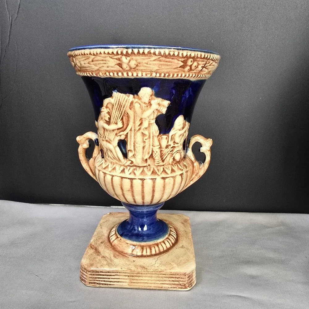 Vintage Made in Japan Majolica-Style Vase | Classical Greek Figures | 7.5